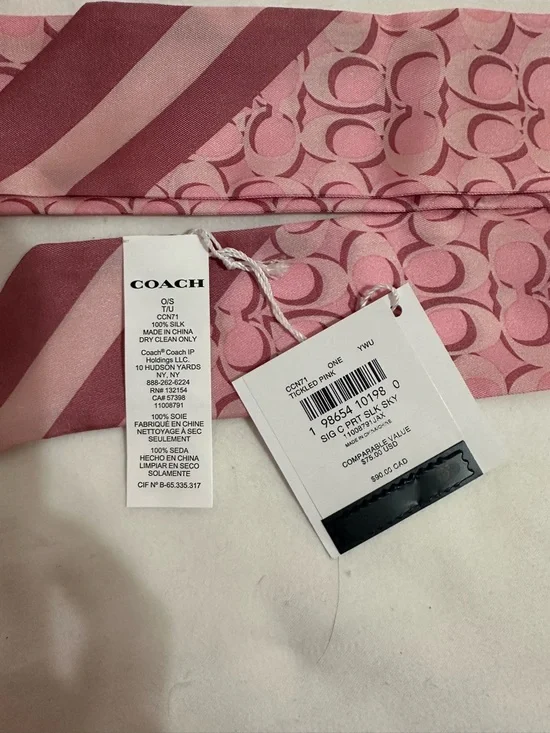 COACH DARK TICKLED PINK SIGNATURE C SILK SKINNY SCARF BAG TIE NWT - Picture 5 of 6